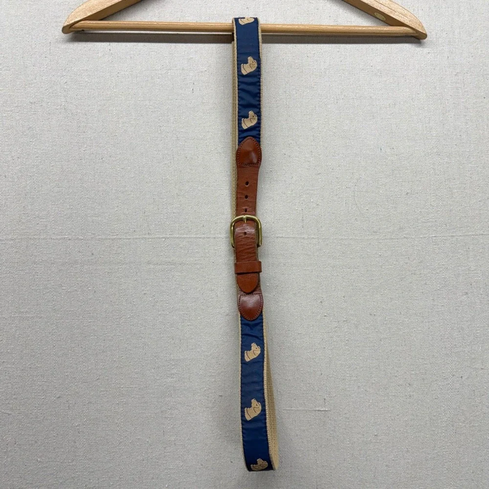Vintage Surcingle Belt Navy Tan Canvas Leather Lab Dog Head Embroidery Size 42